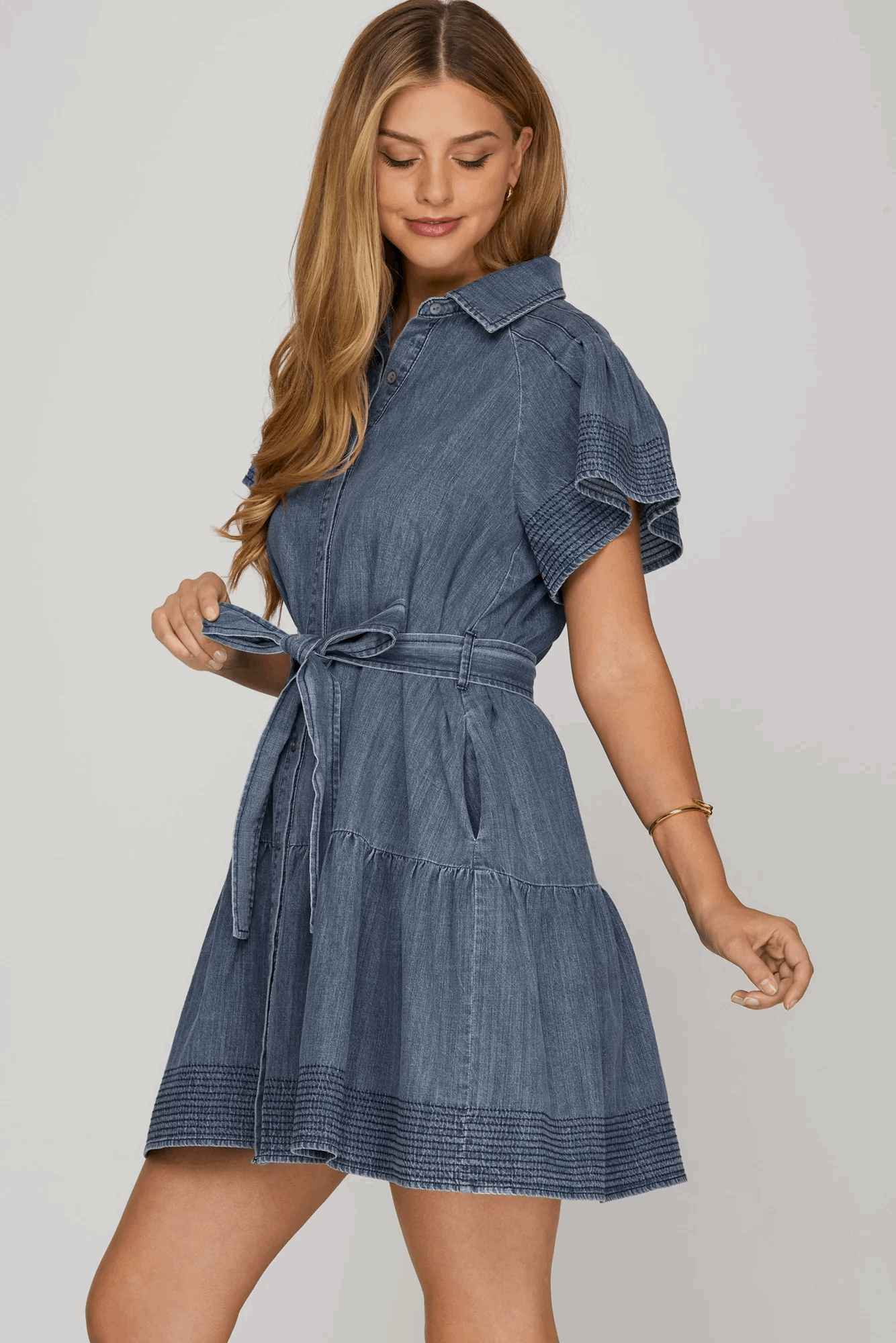 Washed Denim Dress W/ Waist Tie