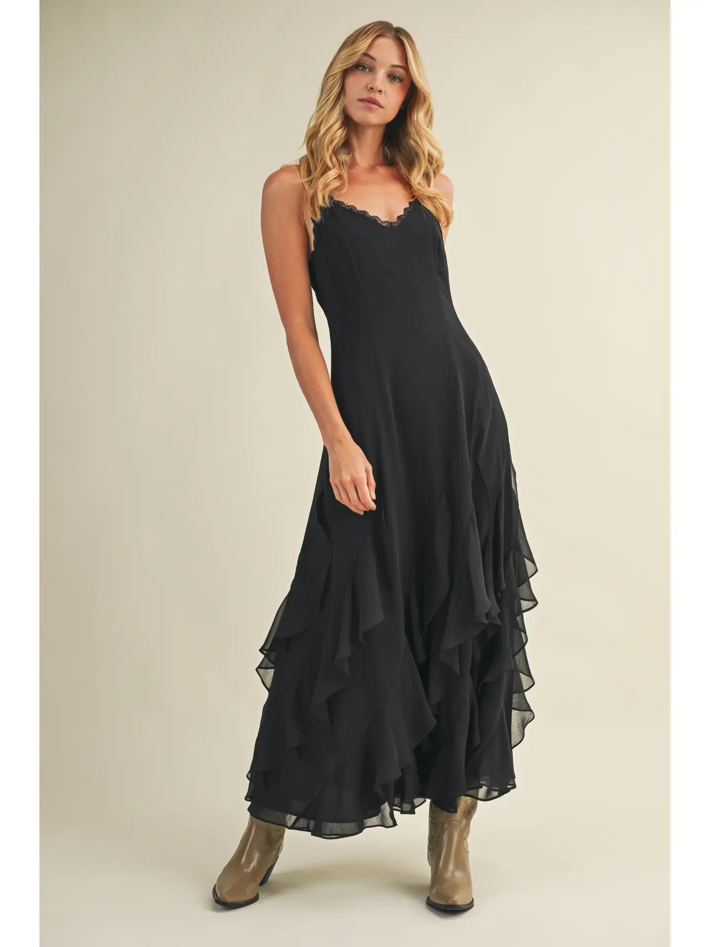 Lace V-Neck Ruffel Dress