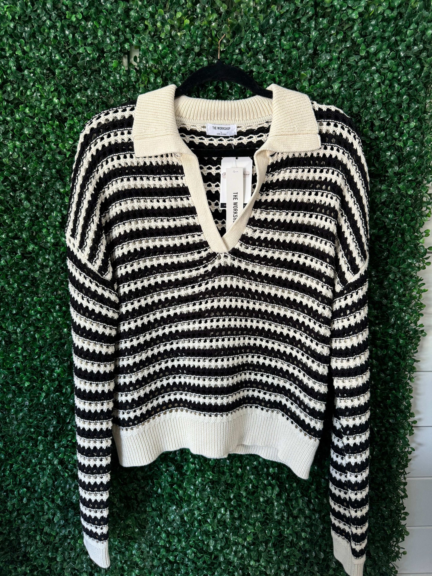 Collared Striped Crochet Sweater