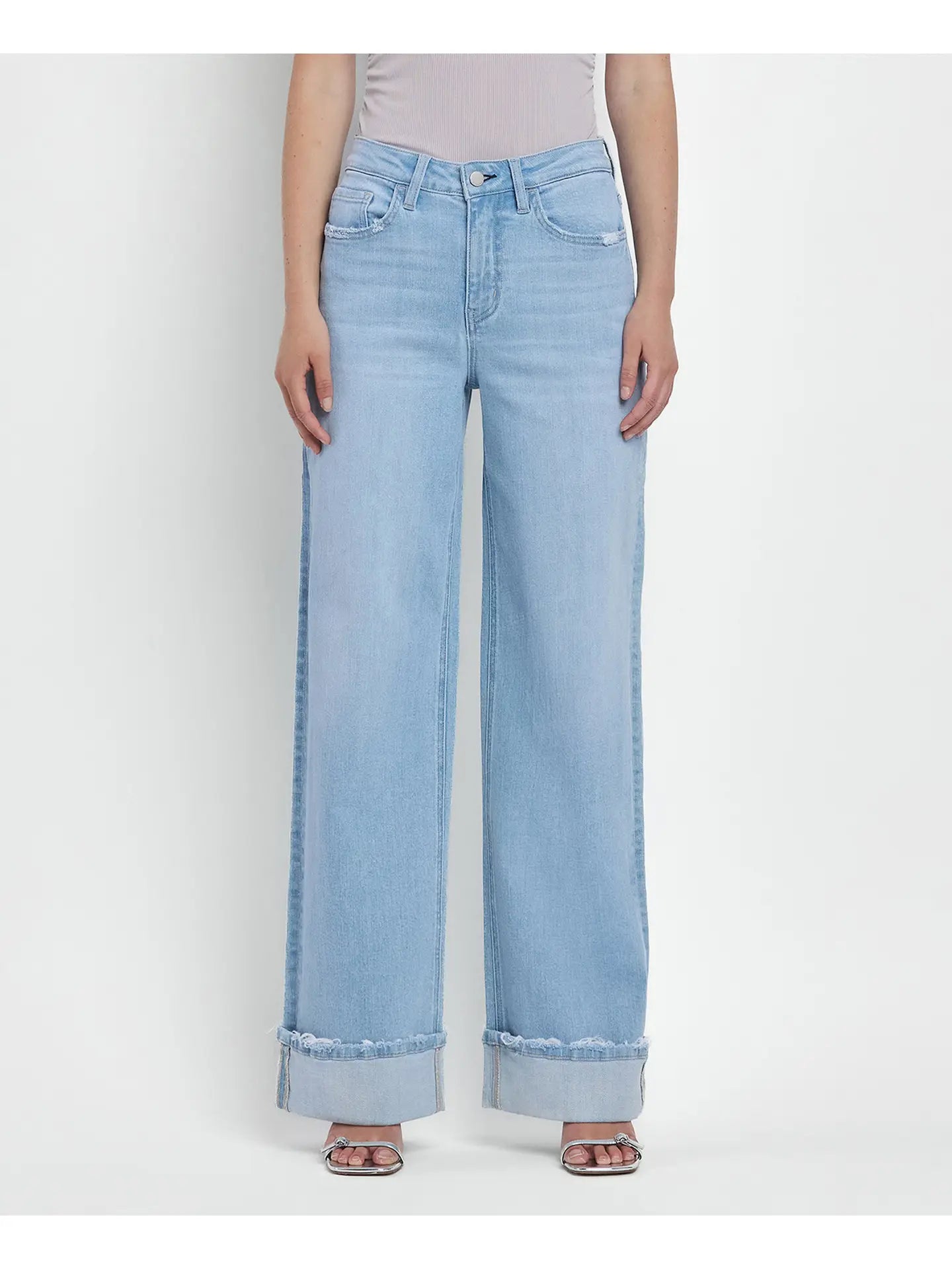 High Rise Cuffed Wide Leg Denim