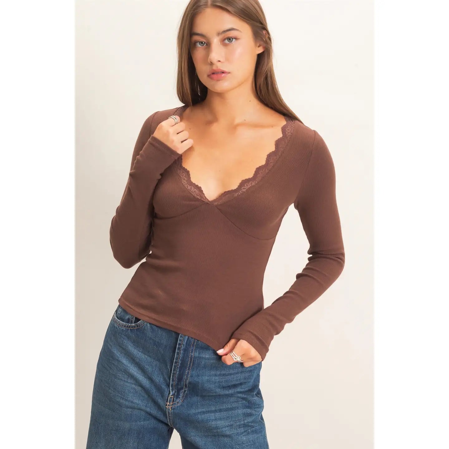 Lace Trim V Neck Top