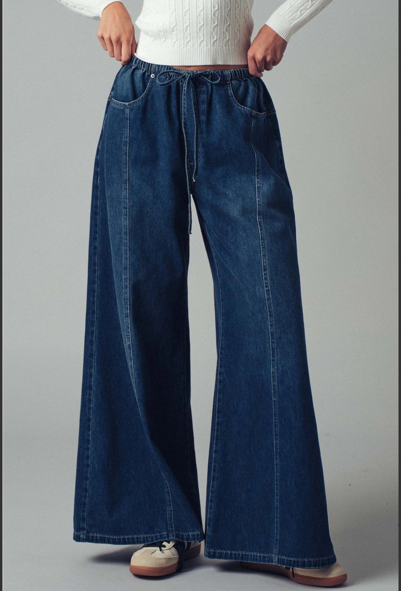 Dark Denim Relaxed Wide Leg Drawstring Pants