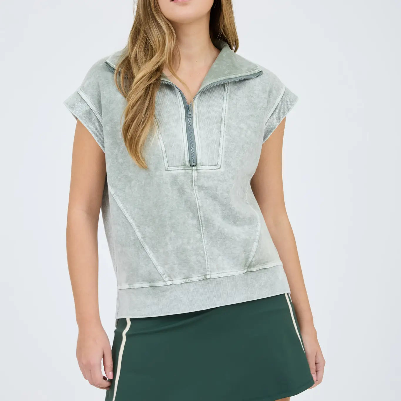 Washed Half Zip Sleeveless Top