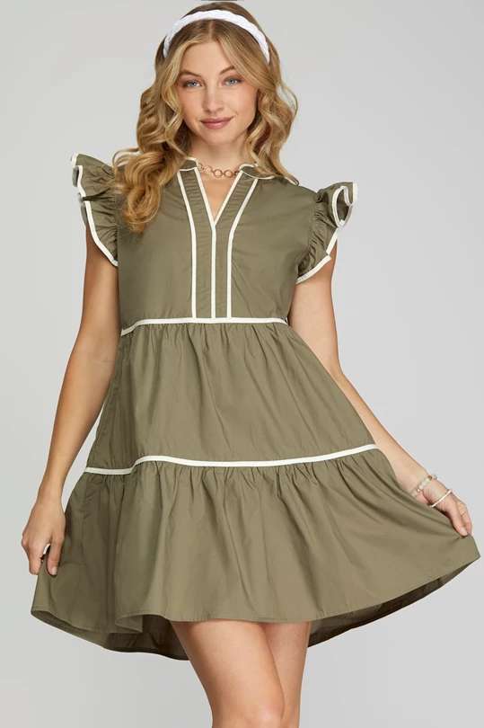 Ruffle Sleeve Dress W/ Piping