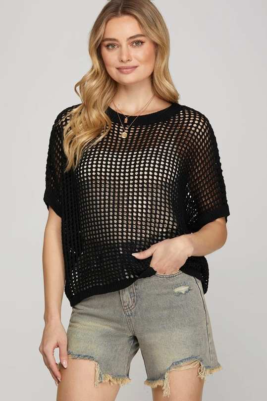 Drop Shoulder Fishnet Sweater