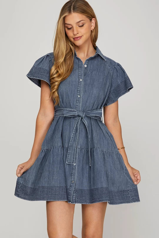 Washed Denim Dress W/ Waist Tie