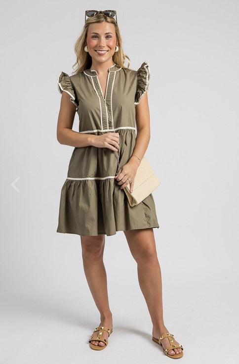 Ruffle Sleeve Dress W/ Piping