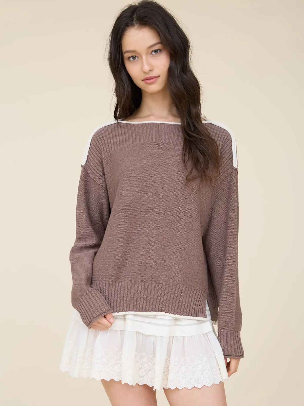Contrast Trim Boat Neck Sweater