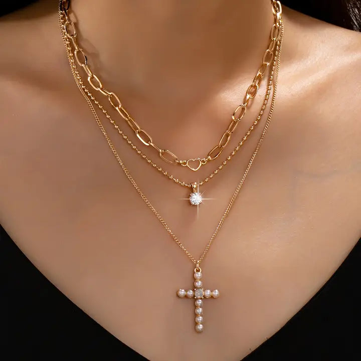 Multi Layered Pearl Cross Neckilace