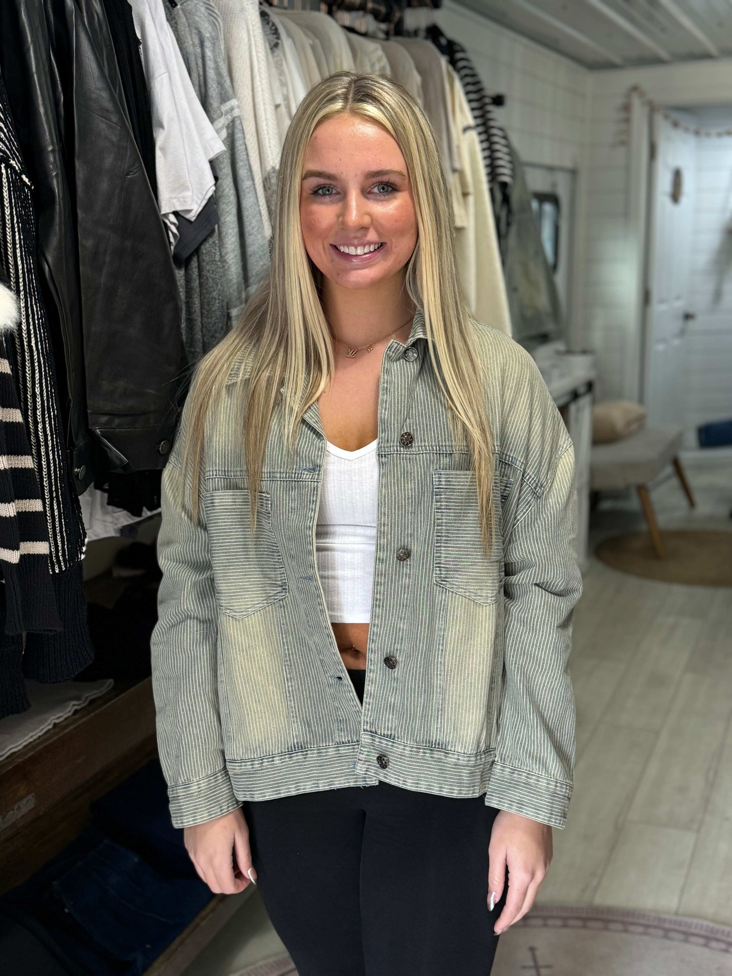 Striped Oversized Denim Wash Jacket