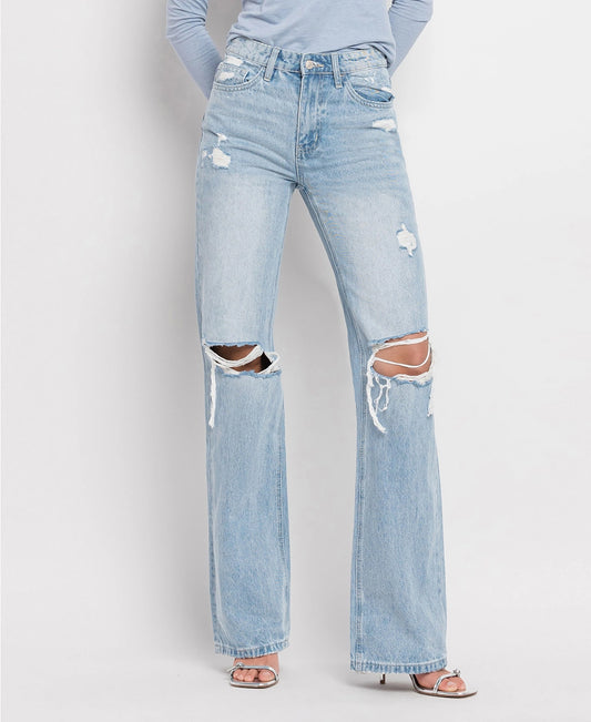 High Rise Wide Leg Ripped Knee Jeans