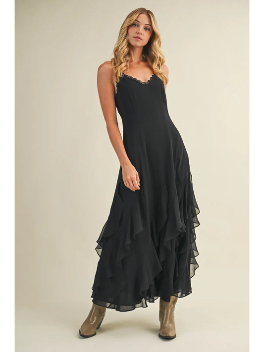 Lace V-Neck Ruffel Dress