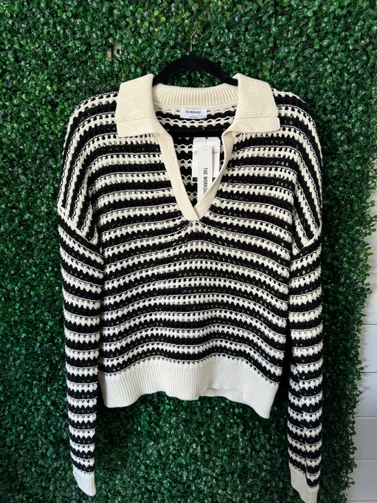 Collared Striped Crochet Sweater