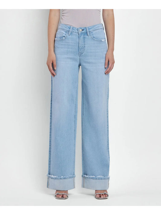 High Rise Cuffed Wide Leg Denim