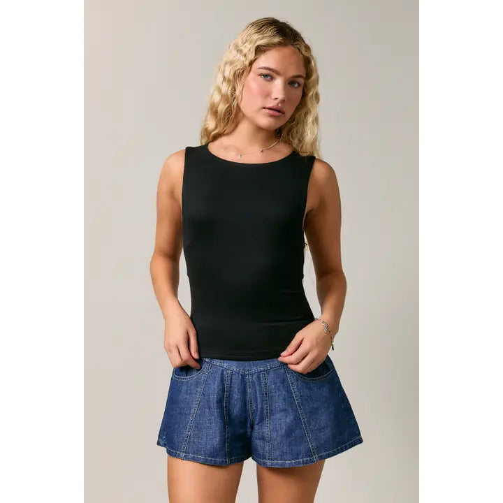 Sleeveless High Neck Cowl Back Top