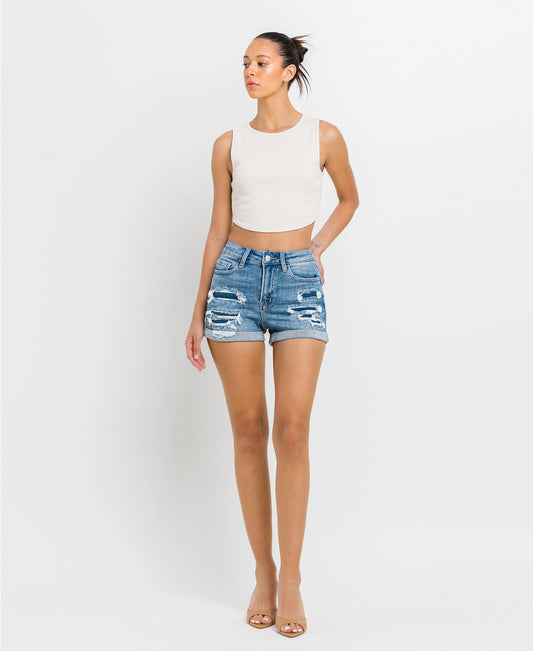 High Rise Distressed Dbl Cuff Shorts