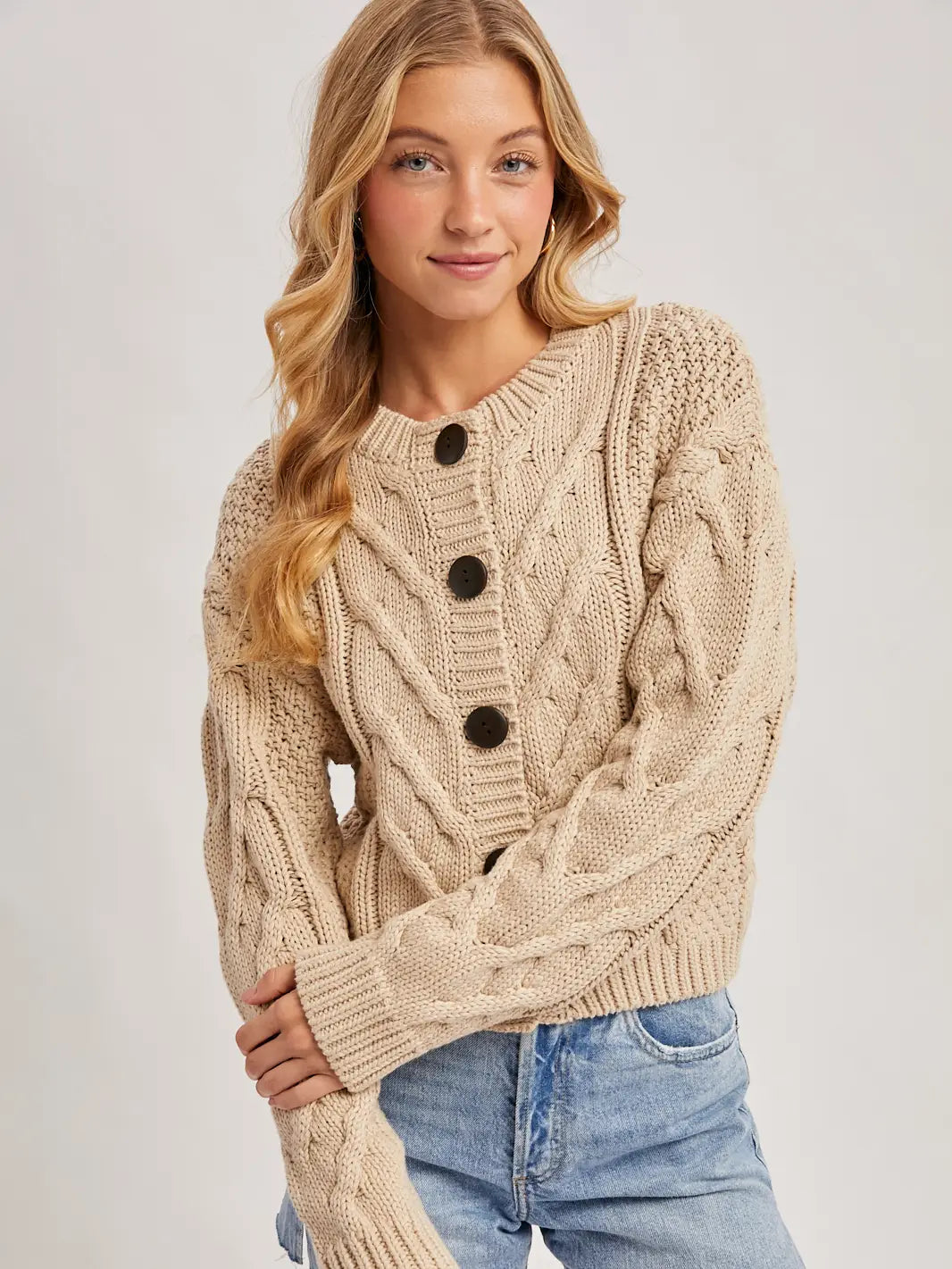 Button Front Cable Knit Sweater
