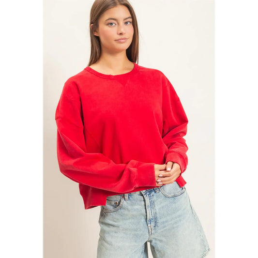 Cropped Acid Wash Red Sweatshirt