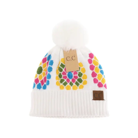 Flower Pattern Ivory Pom Hat