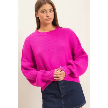 Ribbed Crew Neck Fuchsia Sweater