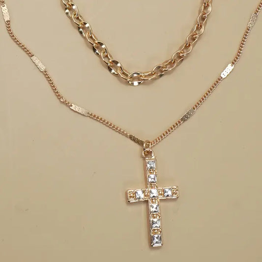 Double Layer Rhinestone Cross Necklace