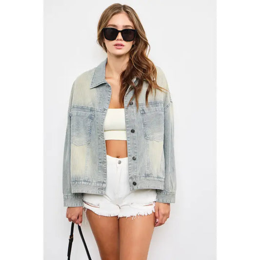 Striped Oversized Denim Wash Jacket