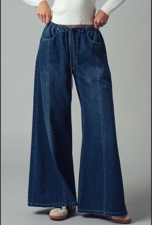 Dark Denim Relaxed Wide Leg Drawstring Pants