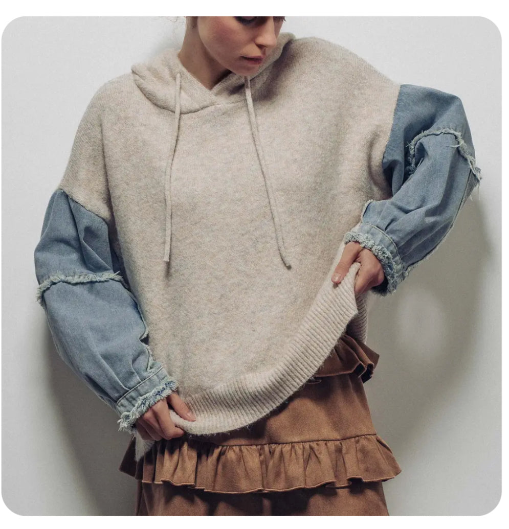 Raw Hem Denim Mixed Media Hoodie