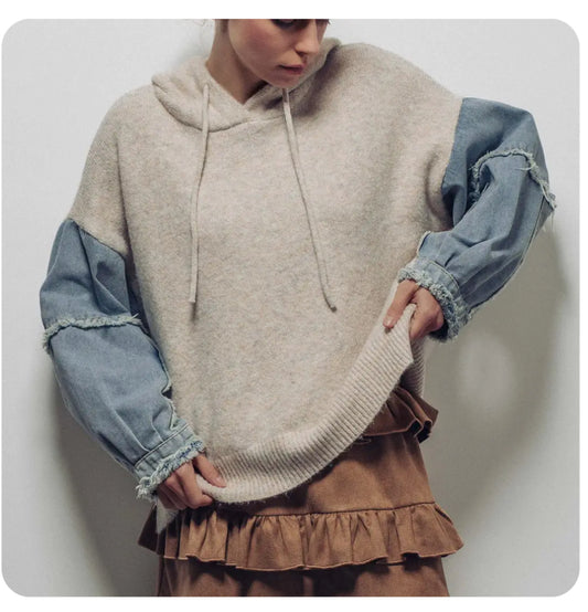 Raw Hem Denim Mixed Media Hoodie