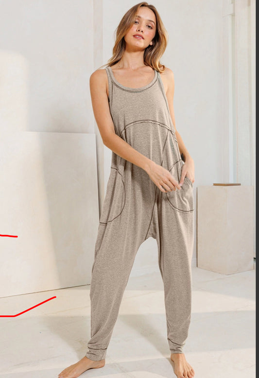 Oversized Jumpsuit Brown Stitching
