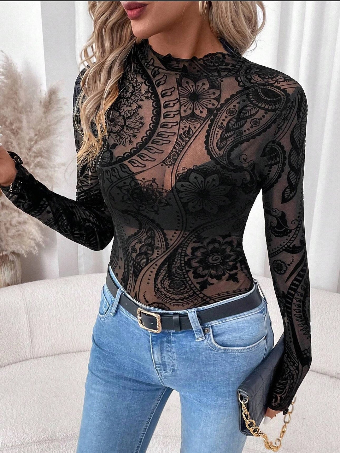 Black Paisley Velvet Mesh Top