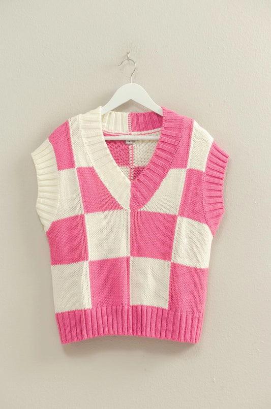 Hot Pink/ Cream Plaid Knit Vest Sweater