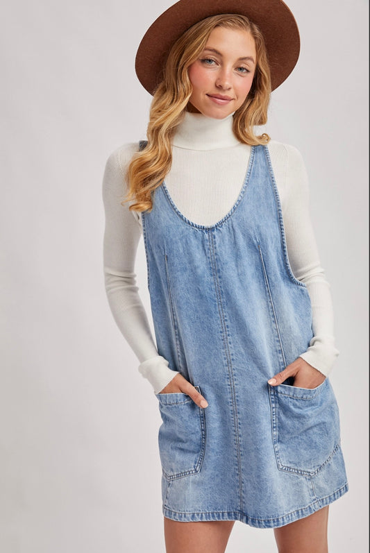 Denim Washed Overall Dress W/Pockets