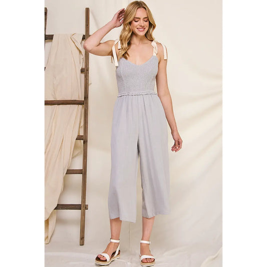 Smocked Jumpsuit w/ Ribbon Ties