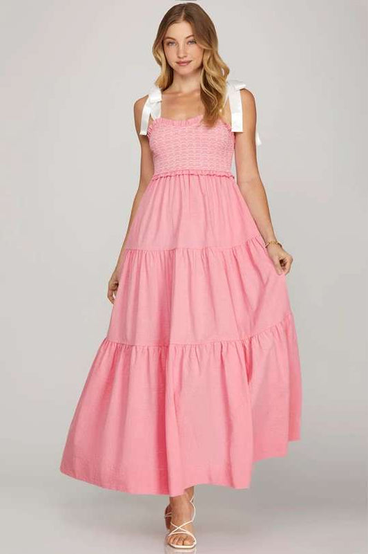 Smocked Maxi Dress W/ Shoulder Tie