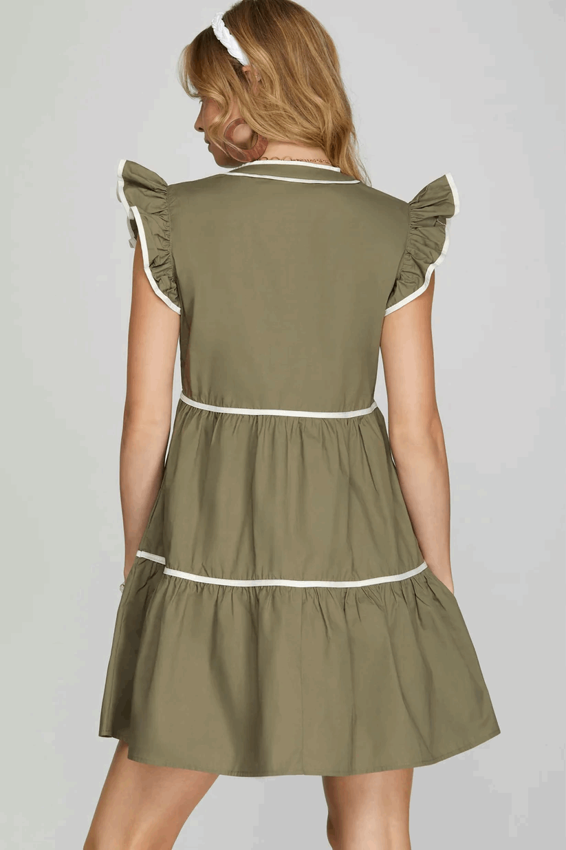 Ruffle Sleeve Dress W/ Piping