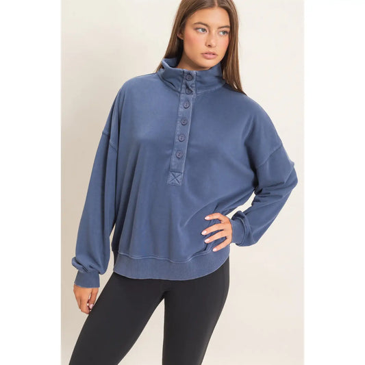 Button Front Mineral Wash Sweatshirt