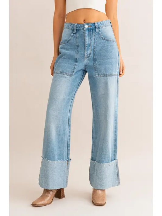High Waisted Cuff Wide Leg Jeans