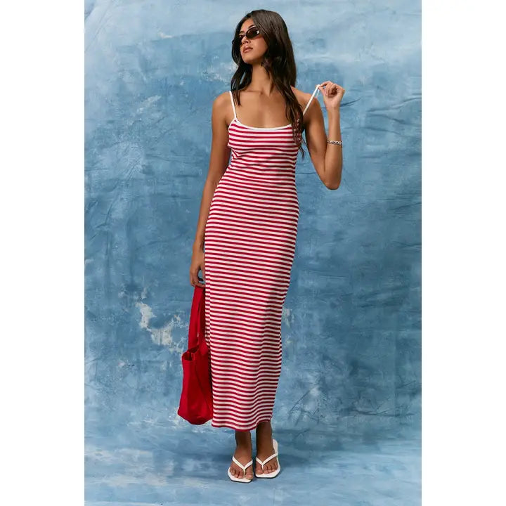 Red & White Striped Midi Dress