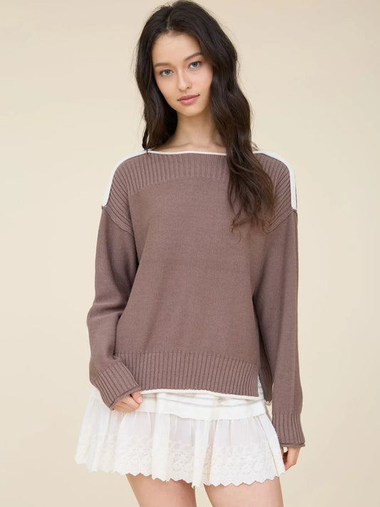 Contrast Trim Boat Neck Sweater