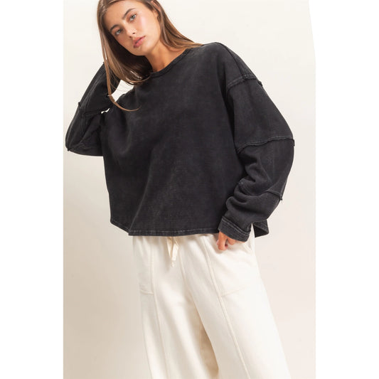 Oversized Raw Edge Crew Neck Top
