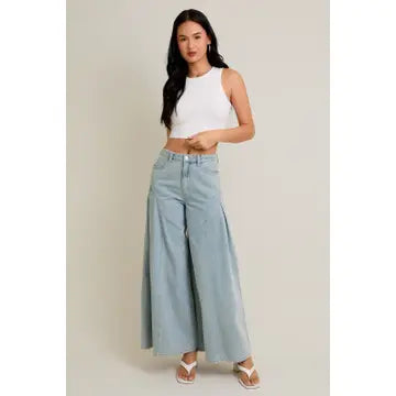 Pleated Denim Flare Pants