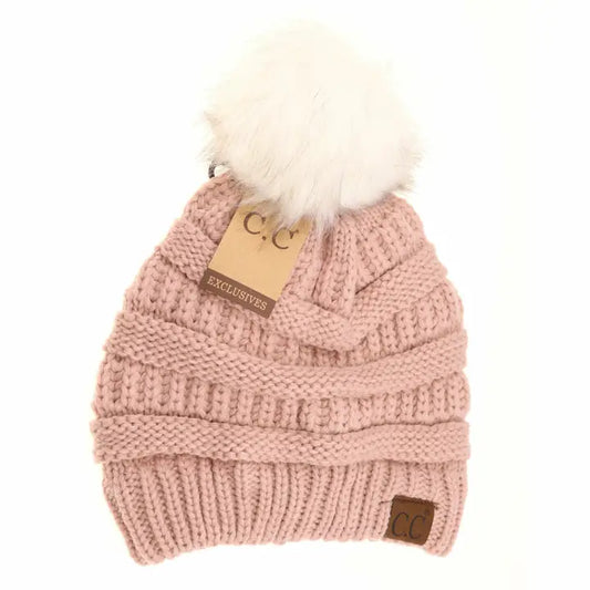 Rose & Ivory Fur Pom Beanie